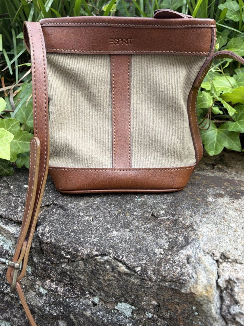 Esprit Tan Brown Crossbody Bag Adjustable Zip Canvas Faux Leather Preppy 90s